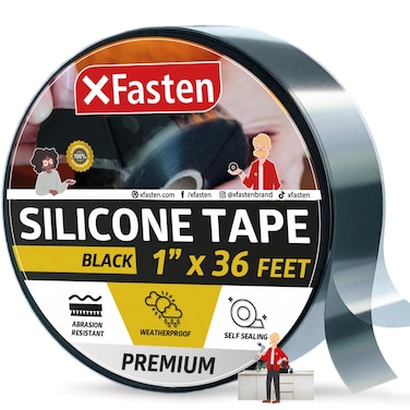 XFasten Self Fusing Silicone Tape for Plumbing Black 1" X 36-Foot Non-Adhesive Leak Seal Tape Waterproof, Silicone Grip Tape, Rubber Tape Thick for Pipe, Hose Repair Tape, Stop Leak Tape