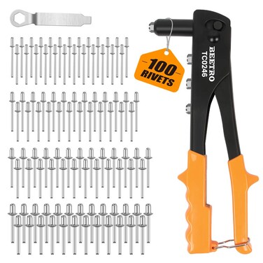 BEETRO Heavy Duty Hand Riveter, Rivet Gun, 3/32"-1/8"-5/32"-3/16", 4 Nosepieces Set Includes 100pcs Rivets, Durable and Suitable for Metal, Plastic and Leather