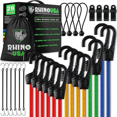 RHINO USA Bungee Cords with Hooks - Heavy Duty Outdoor 28pc Assortment with 4 Free Tarp Clips, Drawstring Organizer Bag, Canopy Ties &amp; Ball Bungees