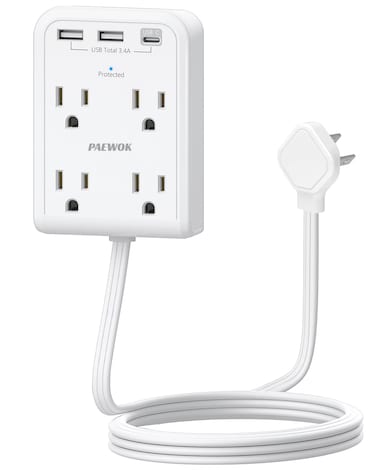 Flat Multi Plug Extender with 3 USB Wall Charger(1 Type C), 4 Outlet Wall Adapter, 4 ft Thin Extension Cord, Flat Plug Surge Protector Power Strip for Home, Office, College Dorm. White