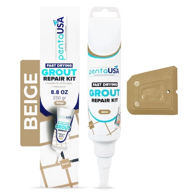 PentaUSA Tile Grout Repair Kit - Beige Grout Filler, Triple Protection, Fast Drying Formula Restores and Renews Grout Lines with Grout Float (Beige, 8.8oz / 250gr)