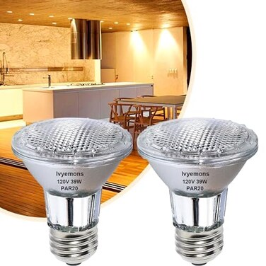 Ivyemons PAR20 Flood 39W 120V 480 Lumens- 2 Pack PAR20 Flood Light Bulbs with E26 Base, PAR20 Dimmable 2800K Warm White, Long Lasting 39W PAR20 Bulb for Recessed Lighting &amp; Hood Range Light Bulbs