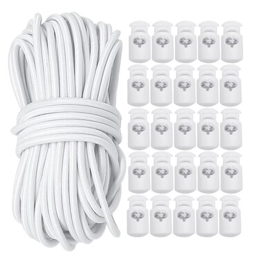 FQTANJU 11 Yards 1/8 Inch Elastic Cord Stretch String + 25 pcs Single Hole Cord Locks Spring Toggle Stopper for Drawstring, Paracord, Shoelaces, Clothing, Backpack, Bags(White)