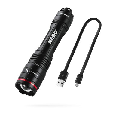 NEBO Redline-X Rechargeable Waterproof Flashlight: 1800 lumen, 4x zoom, Switch-X technology; patented paddle switching mechanism to operate the power mode and instant activation for TURBO and Strobe