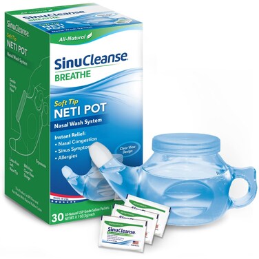 SinuCleanse Soft Tip Neti Pot Nasal Wash System, Relieves Nasal Congestion Due to Cold &amp; Flu, Dry Air, Allergies, 30 All-Natural Saline Packets, Made in USA