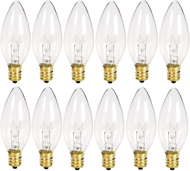 Holiday Joy - Crystal Clear Torpedo Tip Candelabra Replacement Bulbs - Great for Electric Window Candle Lamps - 7W - 120 Volts - E12 (12 Pack)