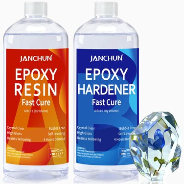 JANCHUN Crystal Clear Epoxy Resin Kit 32OZ, Bubble-Free, Anti-Yellowing, Self Leveling Easy Mix 1:1 Coating and Casting Resin for Table Top, Molds, Tumbler Crafts, Painting, Jewelry, DIY Gifts