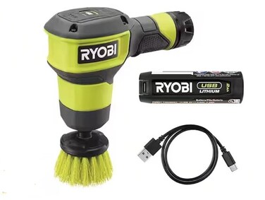 RYOBI USB Lithium Compact Scrubber Kit with 2.0 Ah Battery, USB Charging Cord, and 2 in. Medium Bristle Brush, Green
