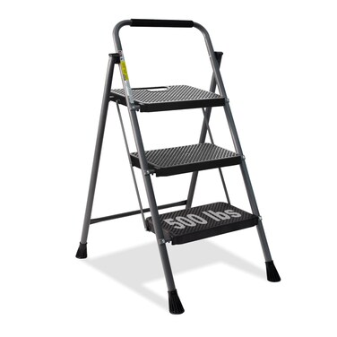 3 Step Ladder, GOLYTON Folding Step Stool with Anti-Slip Wide Pedal &amp; Convenient Handgrip, 500lbs Capacity Steel Ladder for Household and Office, Grey