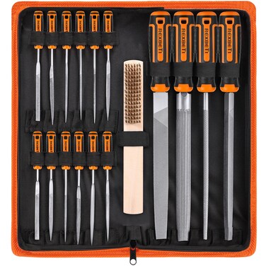 REXBETI 25Pcs Metal File Set, Premium Grade T12 Drop Forged Alloy Steel, Flat/Triangle/Half-round/Round Large File and 12pcs Needle Files with Carry Case, 6pcs Sandpaper, a brush,a pair working gloves