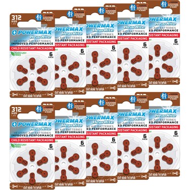 Powermax Size 312 Hearing Aid Batteries, 60 Count Long-Lasting Battery Pack, Brown Long Tab for Easy Change