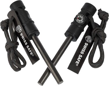 Swiss Safe 5-in-1 Magnesium Ferro Rod Fire Starter Survival Tool - Flint &amp; Steel Striker, Compass, Paracord &amp; Whistle - Emergency Kit for Backpacking, Camping, Hiking - All-Weather - Black, 2-Pack