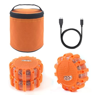 Ecoangel USB Rechargeable LED Road Flares Emergency Lights-Roadside Warning Car Safety Beacon Flashing Disc Flare Kit with Magnetic Base for Vehicles &amp; Boat   3 Beacon Disc Pack