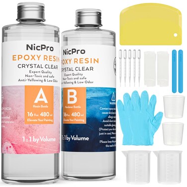 Nicpro 32 Ounce Crystal Clear Epoxy Resin Kit, DIY Starter Epoxy Resin Supplies with 4 Measuring Cups, 2 Silicone Sticks, Gloves, Spreader for Craft Casting &amp; Coasting, Molds, Jewelry Making