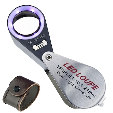10x Foldable Pocket Magnifier Loupe with UV and LED Light for Jewelry, Rocks, Coins, and Antiques - Illuminated Magnifying Tool for Eye, Stamps, Watches, Hobbies, and Gems
