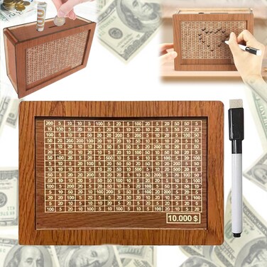 $10000 Cash Vault Wooden Savings Box, 2025 New Wooden Cash Saver Money Box, Cash Saver Box, Coin Counter Piggy Bank, Money Box with Counter, Wooden Money Box with Money Target and Numbers(Brown)