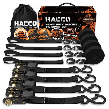 Haccoplanet Ratchet Tie Down Straps, 2340lb Break Strength, 4pc 1inch x 16FT Tie Down Strap Set with Padded Handles &amp; Coated S Hook W/Safety Clip, Cargo Strap Tie Down for Motorcycle, Truck (Black)