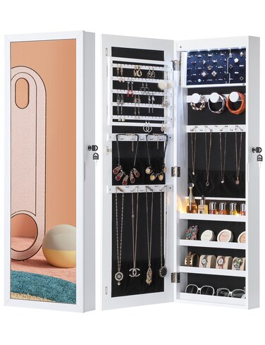 Nicetree 6 LEDs Mirror Jewelry Cabinet, Large Capacity Lockable Jewelry Armoire Organizer, Door or Wall Mounted Mirror with Jewelry Storage, Christmas Gifts, White