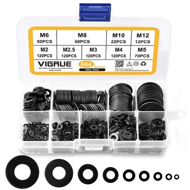 Flat Washers - VIGRUE 684 Pieces Washers 9 Sizes Carbon Steel Flat and Locking Washers Assortment Set (M2 M2.5 M3 M4 M5 M6 M8 M10 M12)