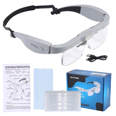YOCTOSUN Magnifying Glasses with Light for Close Work, Head Magnifier Glasses with 3 LED Lights and 5 Detachable Lenses 0.75X,1.25X,2.0X, 3.0X and 4.0X, Eyeglasses Magnifier for Jewelry Crafts Hobby