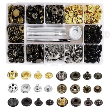 FQTANJU 120 Set Leather Snap Fasteners Kit, 12.5mm Metal Button Snaps Press Studs with 4 Setter Tools, 6 Color Leather Snaps for Clothes, Jackets, Jeans Wears, Bags, Bracelets, Leather Craft