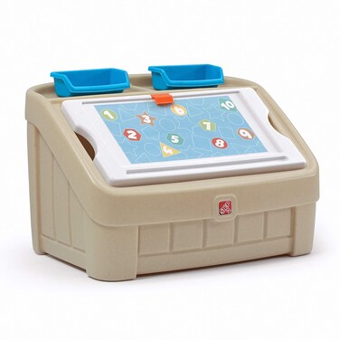 Step2 2-in-1 Toy Box &amp; Art Lid, Kids Toy Storage Bin &amp; Organizer, Easel &amp; Chest in One, Made of Durable Plastic, For Toddlers 2+ Years Old, Tan