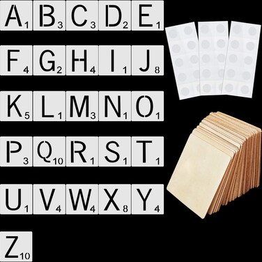 26 Pieces Tile Stencil Letters Alphabet Stencils, 26 Pieces Unfinished Square Wood Slices Blank and 3 Pieces Clear Sticky Putty for Wall Home Decoration DIY Projects (4 Inch)