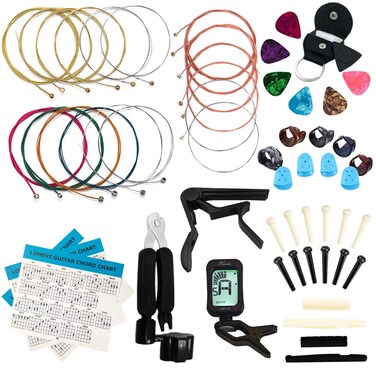 LOMEVE Guitar Accessories Kit Include Acoustic Strings, Tuner, Capo, 3-in-1 Restring Tool, Picks, Pick Holder, Bridge Pins, Nuts &amp; Saddles, Finger Protector, Chord Chart (58PCS)