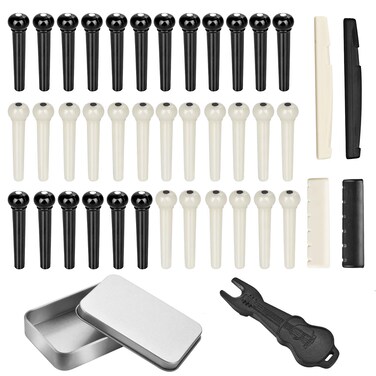 36PCS Acoustic Guitar Bridge Pins Pegs with 2 PCS Guitar Saddle Nut and Bridge Pin Puller Remover, Ivory &amp; Black