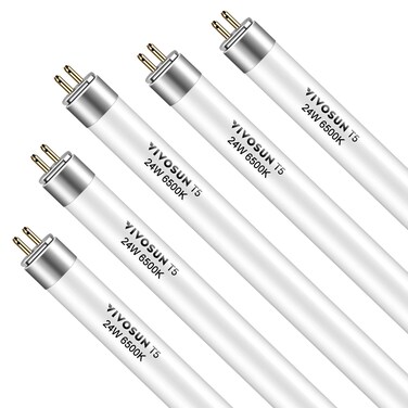 VIVOSUN T5 Grow Light Bulbs 2 Ft 22 Inches, 24W 6500K HO Fluorescent Tubes Light Bulbs, Cool White T5 Bulb for 22 Inches T5 Light Fixtures, T5 Grow Lights for Indoor Plants, 2 Ft 24W Pack of 5