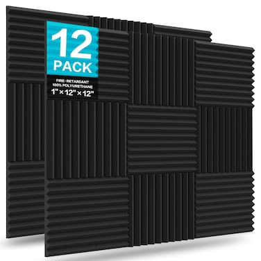JBER 12 Pack Acoustic Foam Panels, 1" X 12" X 12" Sound Proof Foam Panels for Walls, High Desnsity Studio Soundproofing Wedges - Fire Resistant &amp; Noise Absorbing for Studio, Office, Home (Black)