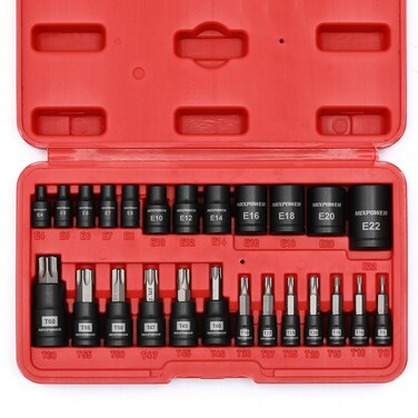 MIXPOWER 25 Piece Torx Bit and Socket Set, 13 Star Bits (T8- T60) &amp; 12 E-Torx Sockets (E4-E22), Professional Grade Auto &amp; Motorcycle Mechanic Set