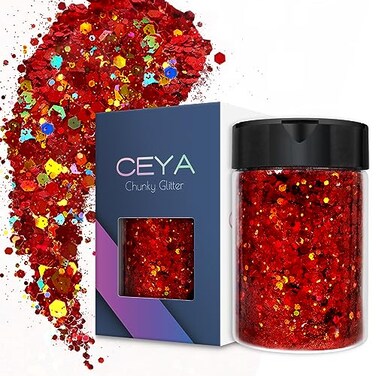 Ceya Holographic Chunky Glitter 4.9oz/ 140g Red Glitter Craft Roses Glitter Powder Mixed Chunky Flakes Iridescent Nail Sequins for Nail Art,Hair,Epoxy Resin,Tumbler,Slime,Painting,Festival Decor