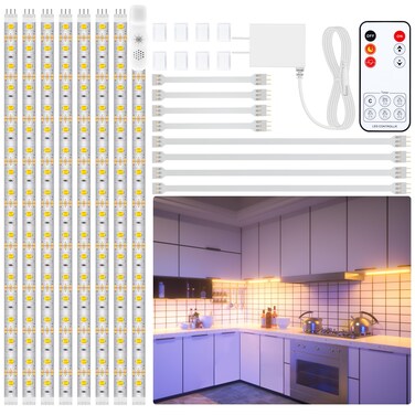LAFULIT Under Cabinet Lighting Kit - 8 PCS, 2700K Warm White Flexible LED Strip Lights with Remote and Power Adapter for Kitchen Cabinets, Shelf, Desk, Counter - 13ft