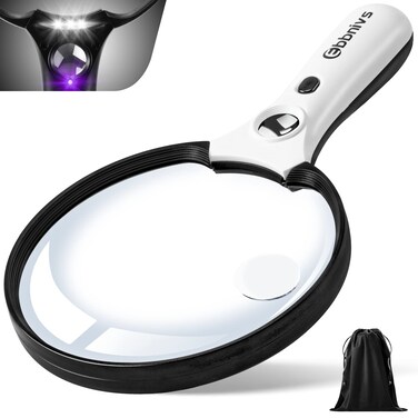 Large Magnifying Glass with Light, Magnifier 10X 20X 45X Handheld Illuminated Lighted Magnifier with 3 LED Lights 1UV Light Storage Bag Clean Cloth for Seniors Reading Inspection (White)