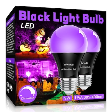 Wiyifada LED Black Light Bulbs 2 Pack, A19 9W UV Black Light Replace Up to 100W, 120V E26 Base Black Lights UVA Level 385-400nm, Glow in The Dark for Body Pain, Blacklights Party, Halloween