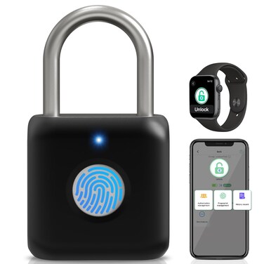 Fingerprint Padlock, Pothunder Smart Padlock, Locker Lock, Combination Lock, Fingerprint Lock with APP Unlock, USB Rechargeable, Suitable for Gym Locker, Door, Locker(Black)