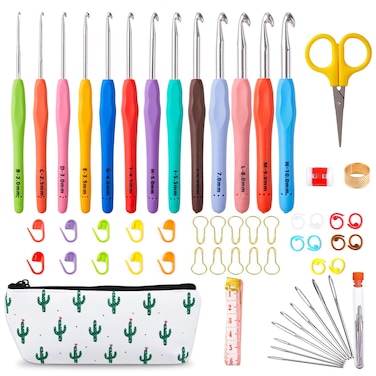 INSCRAFT 67 Pack Crochet Hooks Set, 13 PCS 2mm(B)-10mm(N) Ergonomic Soft Grip Crochet Handles Yarn Knitting Needles Kit with Case for Arthritic Hand, Crochet Starter Kit for Beginners and Lovers
