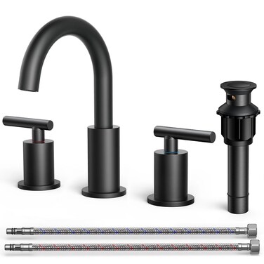 FORIOUS Matte Black Bathroom Faucets 3 Hole Widespread 8 in with Metal Pop Up Drain and cUPC Supply Line, 2 Handle Black Sink Faucet Bathroom Vanity with 360 Degree Rotating Spout for 6 to 12 in Sink