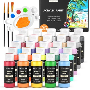 Shuttle Art 25 Colors Acrylic Paint Set, 2oz/60ml Bottles, Rich Pigmented Acrylic Paints for Artists, Beginners, Kids, Painting on Canvas Rocks Wood