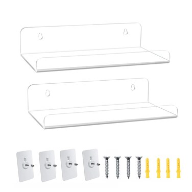 WANLIAN 8 Inch Acrylic Clear Shelves for Wall No Drilling, 2 Pack Small Adhesive Floating Shelf with Ledge, No Damage Mounted, Easily Expand Wall Space for Bedroom, Living Room, Bathroom