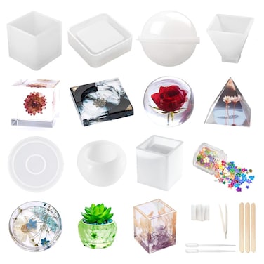 Resin Molds Silicone Kit 20Pcs,Epoxy Resin Molds Including Sphere,Cube,Pyramid,Square,Round, Used for Create Art,DIY,Ash Trays,Coasters,Candles.Bonus Decorative Sequins and The Complete Set Tools