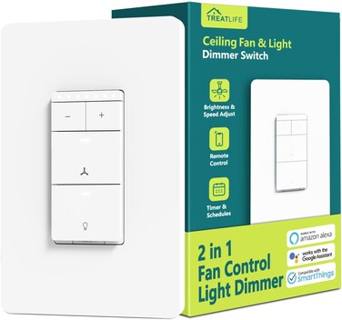 TREATLIFE Smart Ceiling Fan Control and Dimmer Light Switch, Neutral Wire Needed, 2.4GHz Single Pole Wi-Fi Fan and Light Switch Combo, Works with Alexa, Google Home and SmartThings, Remote Control