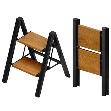 Taranta 2 Step Ladder,Aluminum Lightweight Folding 2 Step Stool with Anti-Slip Wide Pedal, 330lbs Capacity Step Ladder for Household,Kitchen,Office - BlackWoodgrain