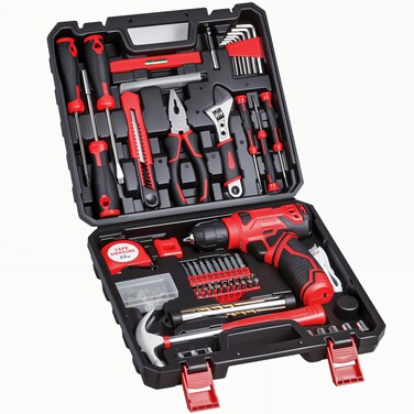 Tool Set - Tool Kit with 8V Cordless Drill, 132 Piece Tool Box with Drill, Home Tool Kits for Men &amp; Women, Hand Drill Set Perfect for Homeowner, Diyer, Handyman - Red