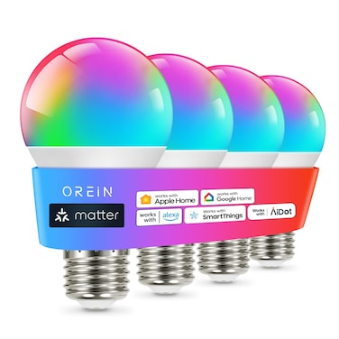 OREiN Matter Smart Light Bulb, Smart Light Bulbs Work with Apple Home, Alexa, Google Home, SmartThings, A19 Color Changing Light Bulbs 2.4Ghz WiFi, 800 Lumens Equivalent 60W 4Pack