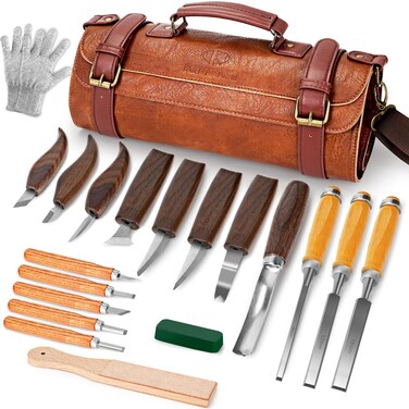 Wood Carving Kit, 20Pcs Wood Carving Tools with PU Leather Storage Bag, Wood Whittling Kit with 3Pcs Chisels &amp; 8Pcs Whittling Knives &amp; 5 Detail Carving Knives for Beginners and Enthusiasts