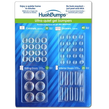 HushBumps Ultra-Quiet Gel Bumpers. 104 Piece Value Pack. Contains Cabinet, Door, Sliding Door &amp; Drawer Bumpers. Just Peel &amp; Stick!