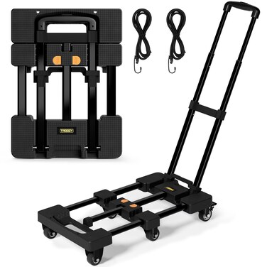 Folding Hand Truck, Dolly Cart with 6 Wheels (2 with Brake) &amp; 2 Elastic Straps, 500 LB Heavy-Duty Trolly Cart for Moving, Luggage, Car Seat, Garden Plant, Camping,26" Max Extendable Plate,Black