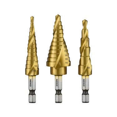 NEIKO 10181A Step Drill Bit Set, 3 Piece, Spiral Grooved for Faster Drilling, Step Bits for Stainless Steel, Metal, Wood, Plastic, Unibit Cone Drill Bits with 31 Step Sizes Total